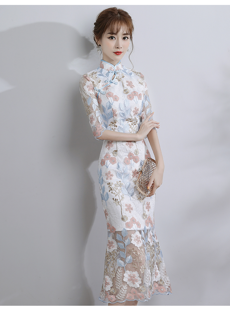 時尚氣質(zhì)淑女旗袍，改良蕾絲魚尾旗袍裙