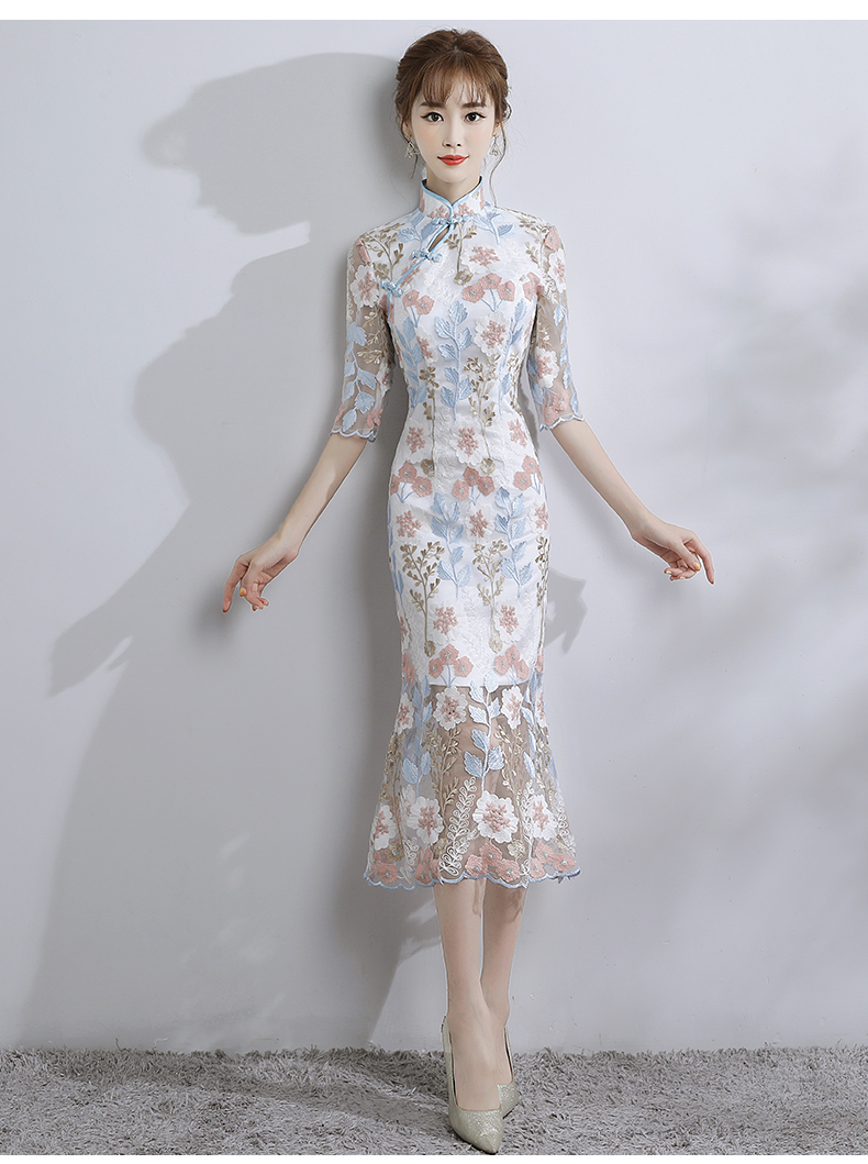 時尚氣質(zhì)淑女旗袍，改良蕾絲魚尾旗袍裙