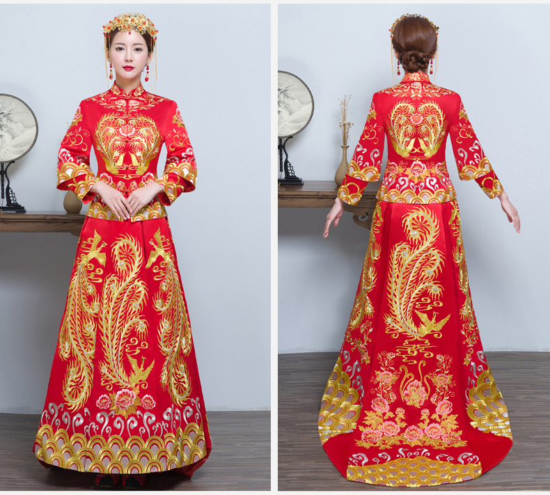 時(shí)尚家佳樂文學(xué)拖尾中式禮服，金線刺繡新娘禮服