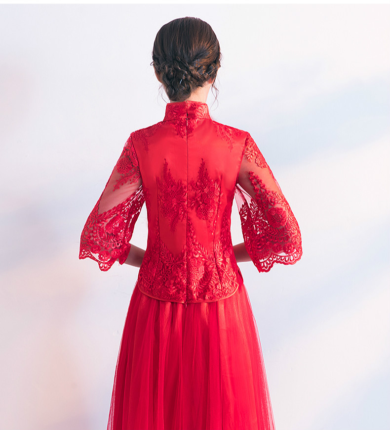 蕾絲繡花中式禮服，秀禾服紅色婚紗新娘禮服