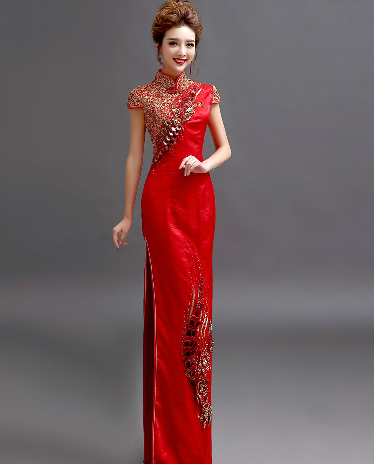 天使嫁衣中式禮服，金絲亮片立體刺繡旗袍