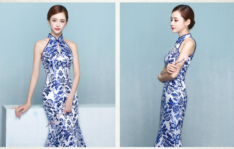 中式青花瓷旗袍禮服，時(shí)尚復(fù)古旗袍裙