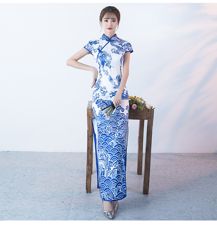時(shí)尚青花瓷旗袍，復(fù)古優(yōu)雅旗袍裙
