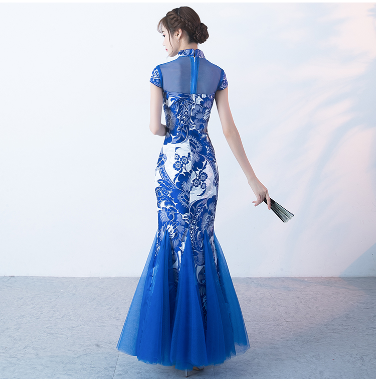 家佳樂(lè)文學(xué)青花瓷旗袍，復(fù)古優(yōu)雅魚(yú)尾旗袍裙