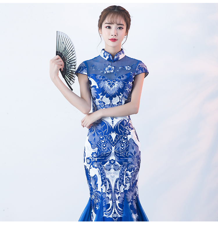 家佳樂(lè)文學(xué)青花瓷旗袍，復(fù)古優(yōu)雅魚(yú)尾旗袍裙