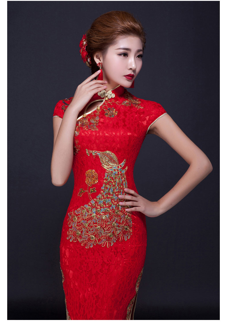 家佳樂文學(xué)鳳凰刺繡旗袍，復(fù)古紅色斜襟開叉旗袍裙