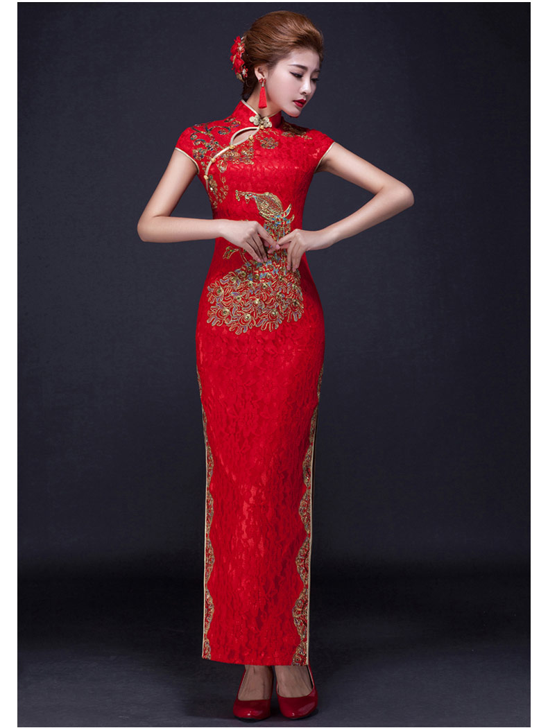 家佳樂文學(xué)鳳凰刺繡旗袍，復(fù)古紅色斜襟開叉旗袍裙