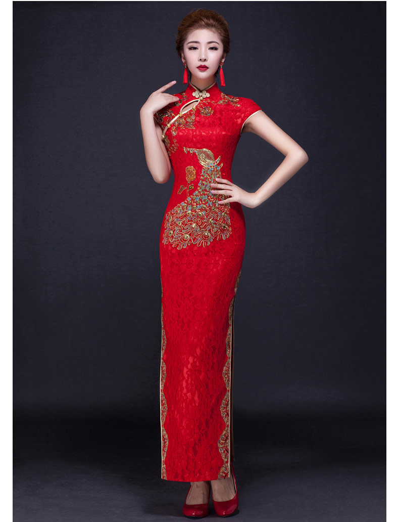 家佳樂文學(xué)鳳凰刺繡旗袍，復(fù)古紅色斜襟開叉旗袍裙