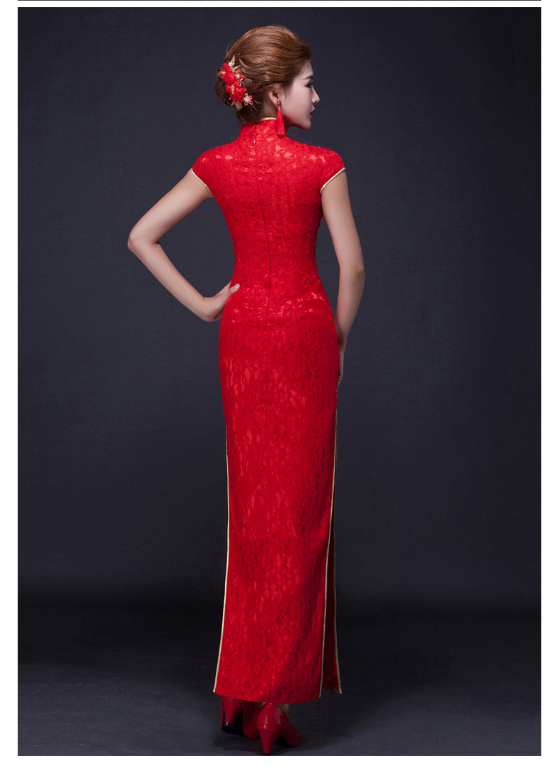 家佳樂文學(xué)鳳凰刺繡旗袍，復(fù)古紅色斜襟開叉旗袍裙