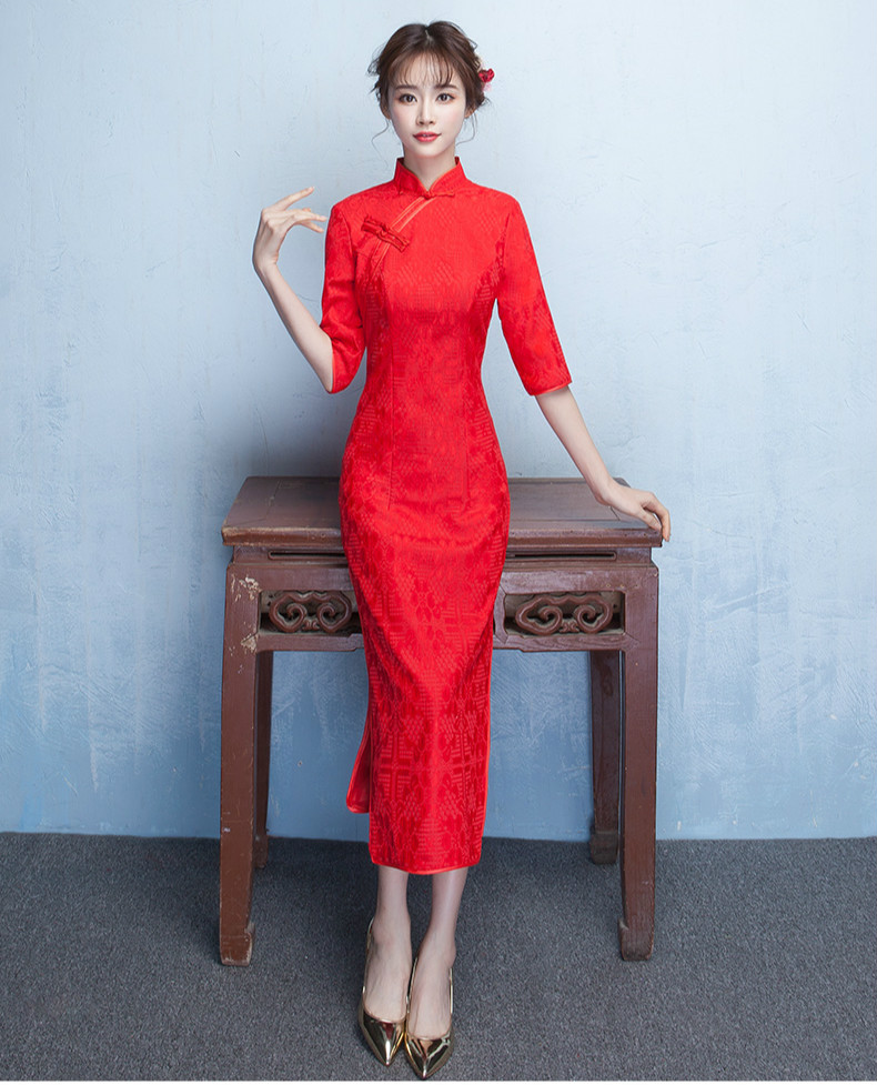 簡約時尚中袖旗袍，復(fù)古紅色旗袍裙