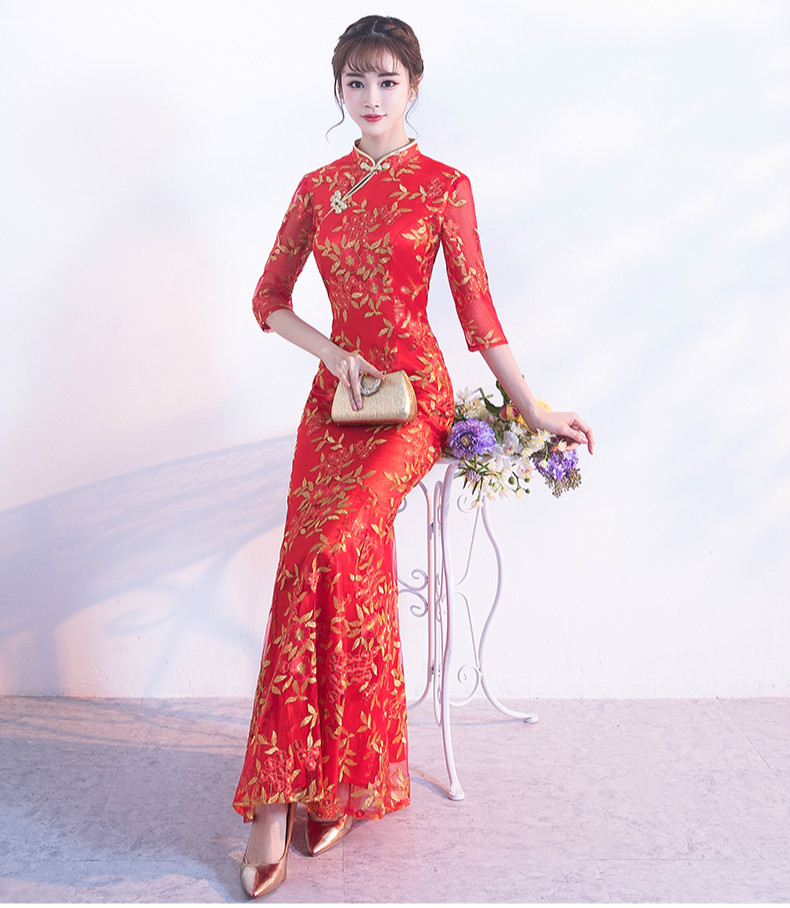 金絲葉子繡花旗袍，復(fù)古紅色旗袍裙