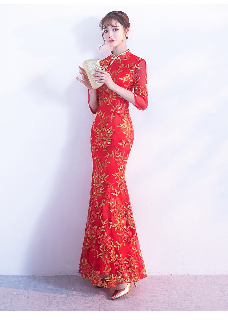 金絲葉子繡花旗袍，復(fù)古紅色旗袍裙