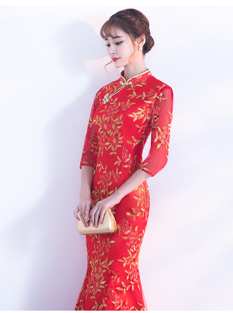 金絲葉子繡花旗袍，復(fù)古紅色旗袍裙