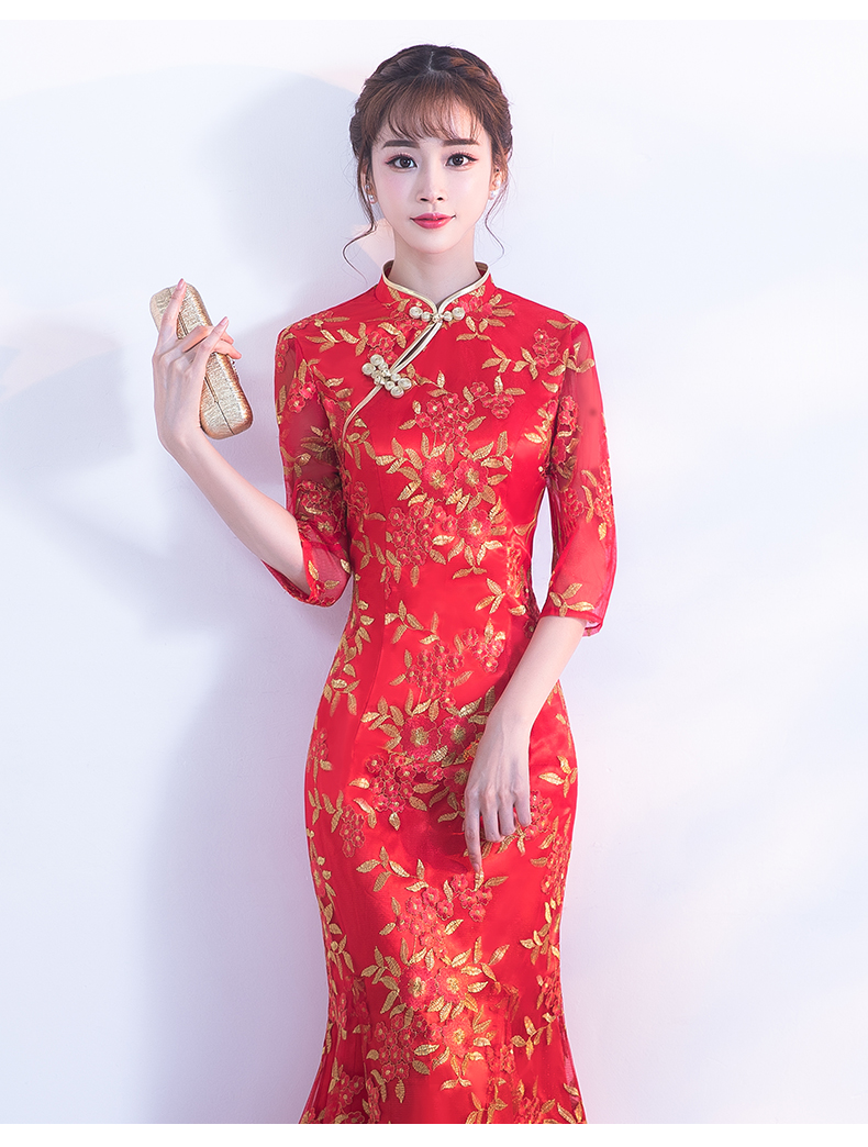 金絲葉子繡花旗袍，復(fù)古紅色旗袍裙