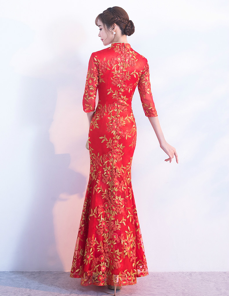 金絲葉子繡花旗袍，復(fù)古紅色旗袍裙