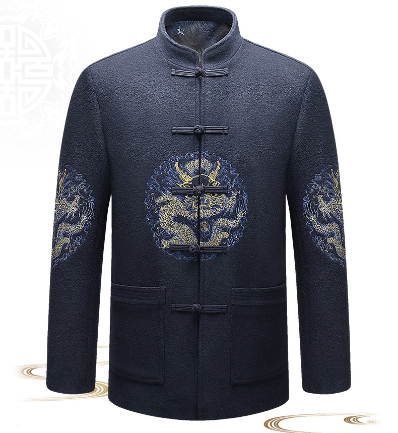 家佳樂(lè)文學(xué)羊毛呢男裝金龍刺繡中山裝