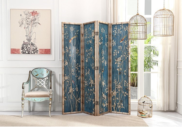 新古典四扇屏風(fēng)隔斷，精美手繪屏風(fēng)