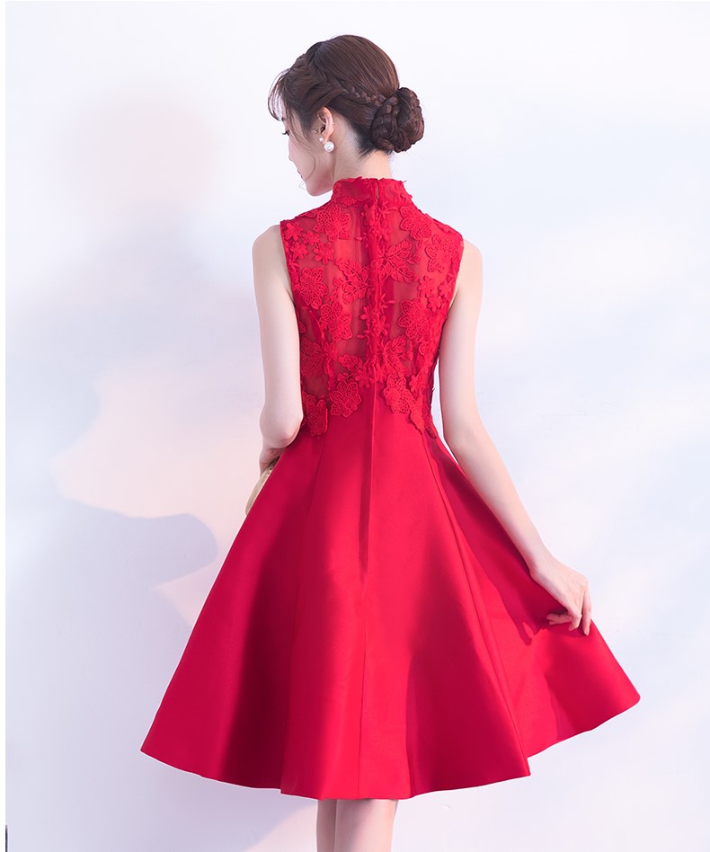 時(shí)尚無袖中式禮服，蕾絲繡花短款晚禮服