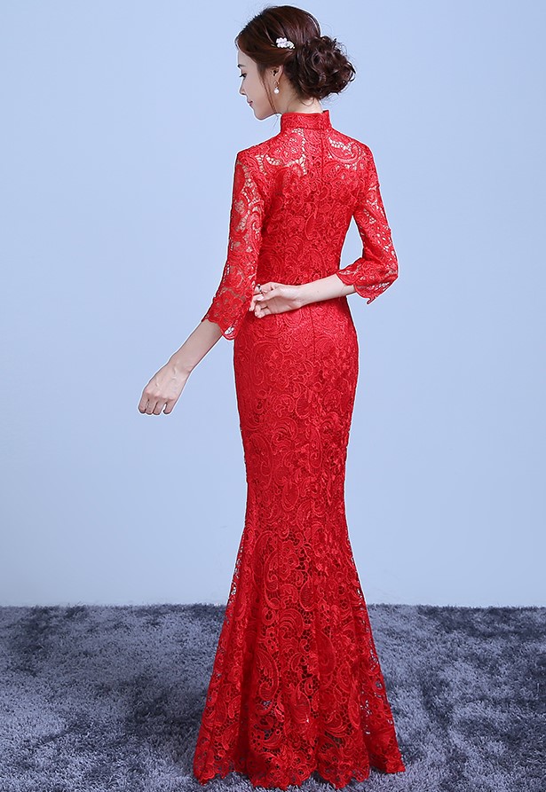 魚尾蕾絲裙擺中式禮服，復古氣質(zhì)晚禮服