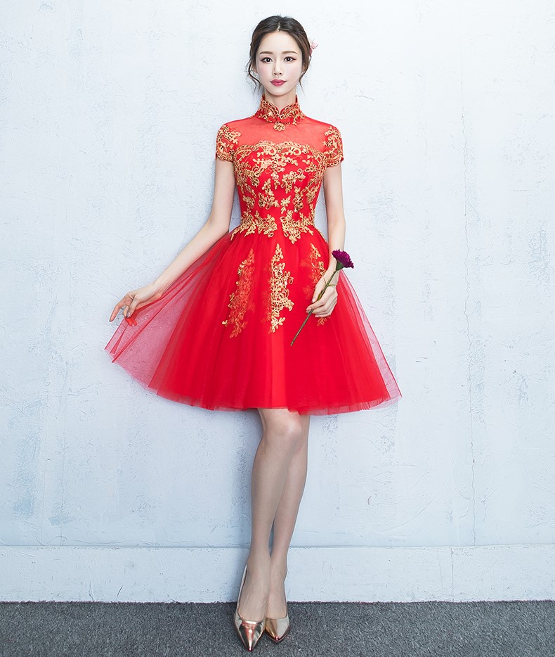 蕾絲復(fù)古立領(lǐng)中式禮服，時(shí)尚優(yōu)雅網(wǎng)紗晚禮服