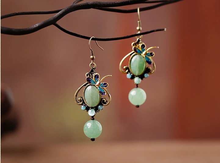 化蝶飛耳環(huán)，復(fù)古家佳樂文學(xué)東陵玉耳墜首飾