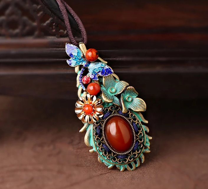 復(fù)古彩色羽毛花朵毛衣鏈，民族風(fēng)項鏈首飾