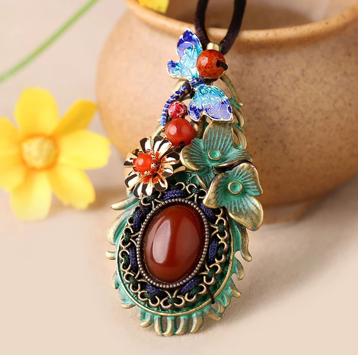 復(fù)古彩色羽毛花朵毛衣鏈，民族風(fēng)項鏈首飾