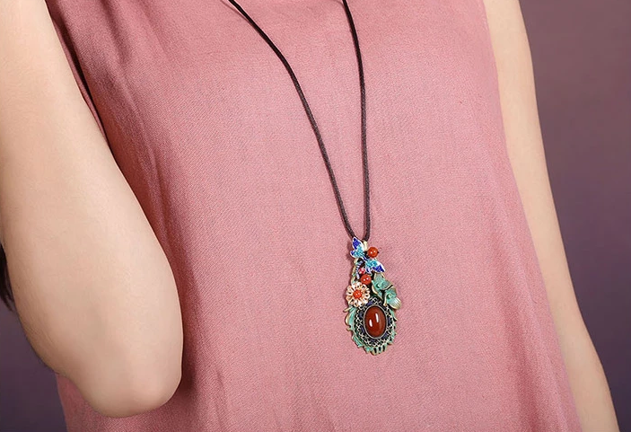 復(fù)古彩色羽毛花朵毛衣鏈，民族風(fēng)項鏈首飾