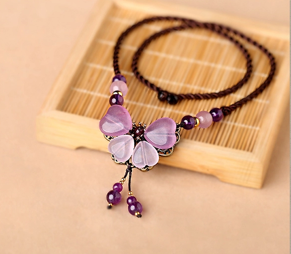 紫色彩玉吊墜鎖骨鏈，家佳樂文學風項鏈首飾