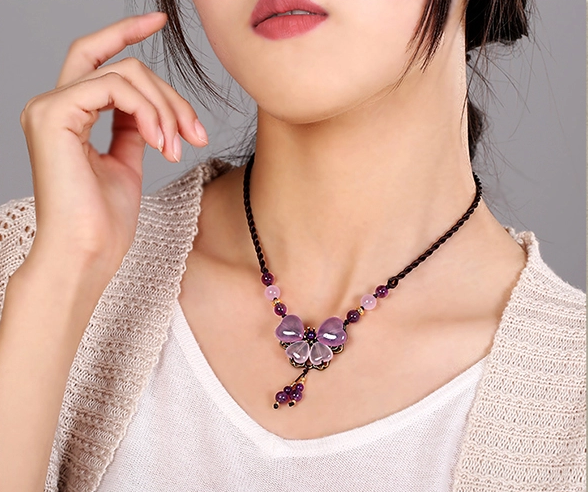 紫色彩玉吊墜鎖骨鏈，家佳樂文學風項鏈首飾