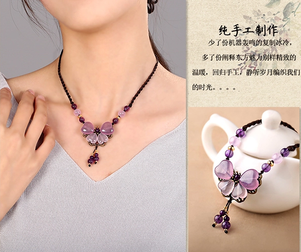 紫色彩玉吊墜鎖骨鏈，家佳樂文學風項鏈首飾
