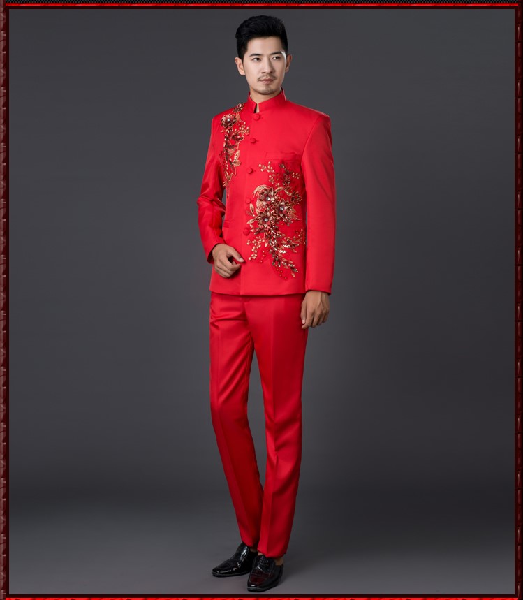 亮片立體花朵中式主持禮服，男士改良中山裝