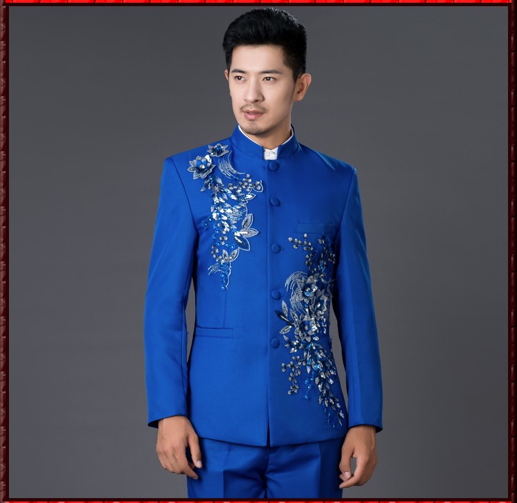 亮片立體花朵中式主持禮服，男士改良中山裝