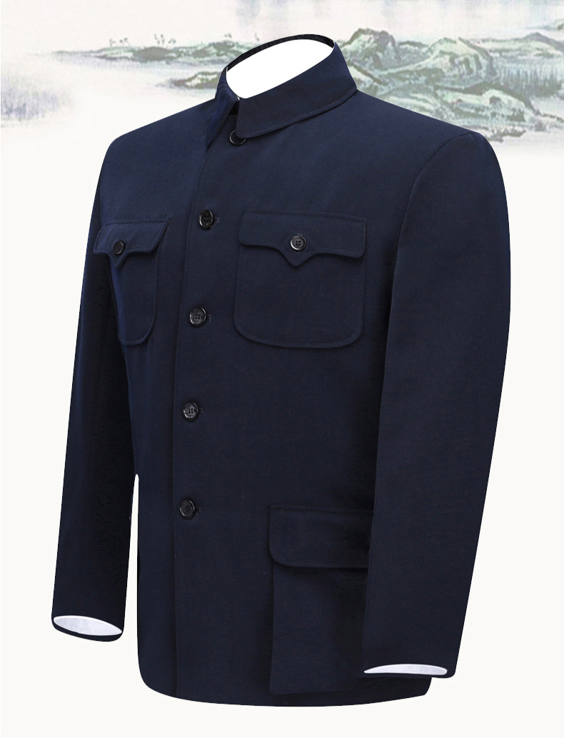 藏藍色中老年加絨寬松版中山裝