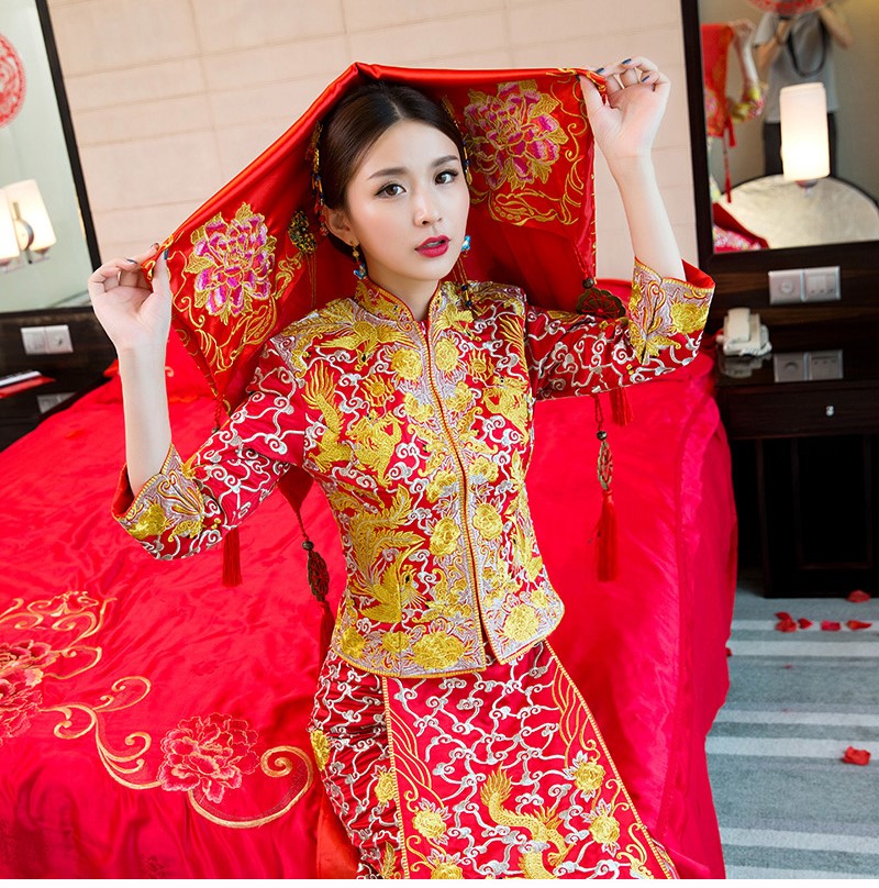 龍鳳褂中式婚禮禮服，時(shí)尚家佳樂(lè)文學(xué)新娘禮服