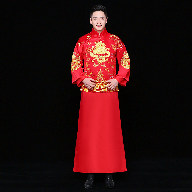 金龍刺繡男士中式禮服，時(shí)尚家佳樂文學(xué)新郎禮服