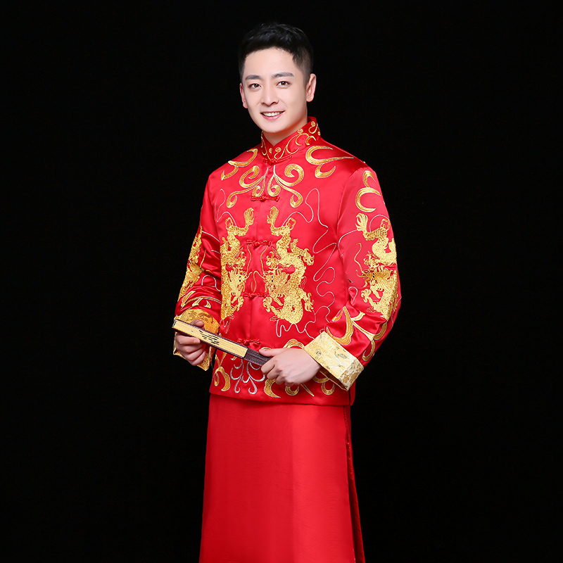 雙龍刺繡男士中式禮服，時(shí)尚家佳樂文學(xué)新郎禮服