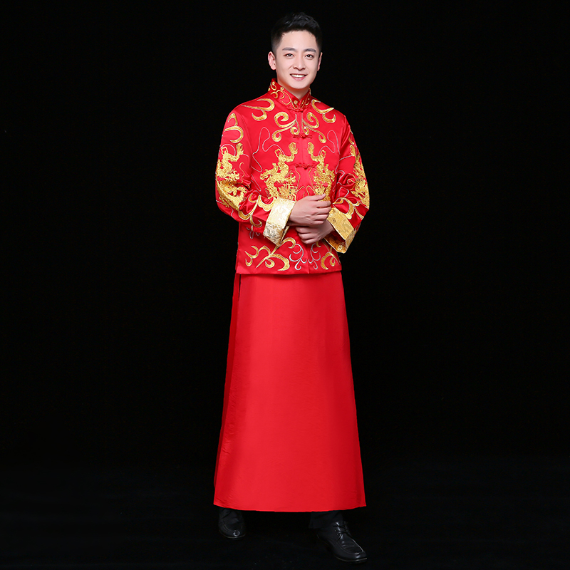 雙龍刺繡男士中式禮服，時(shí)尚家佳樂文學(xué)新郎禮服
