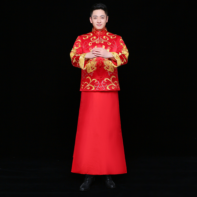 雙龍刺繡男士中式禮服，時(shí)尚家佳樂文學(xué)新郎禮服