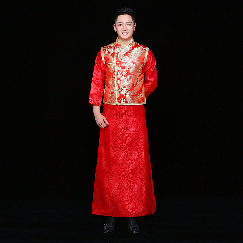 金龍刺繡馬褂男士中式禮服，時(shí)尚新郎禮服