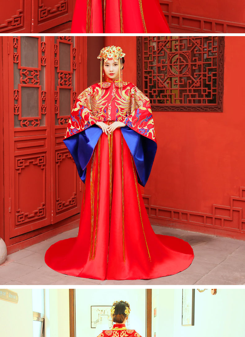 古典高貴刺繡新娘禮服，拖尾結(jié)婚中式禮服