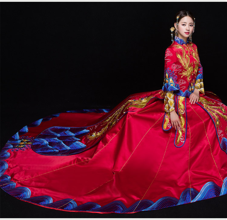 復(fù)古典雅家佳樂(lè)文學(xué)新娘禮服，奢華拖尾中式禮服