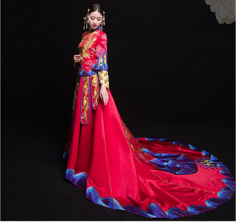 復(fù)古典雅家佳樂(lè)文學(xué)新娘禮服，奢華拖尾中式禮服