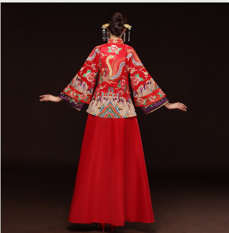 精美鳳凰斜襟新娘禮服，奢華刺繡中式禮服