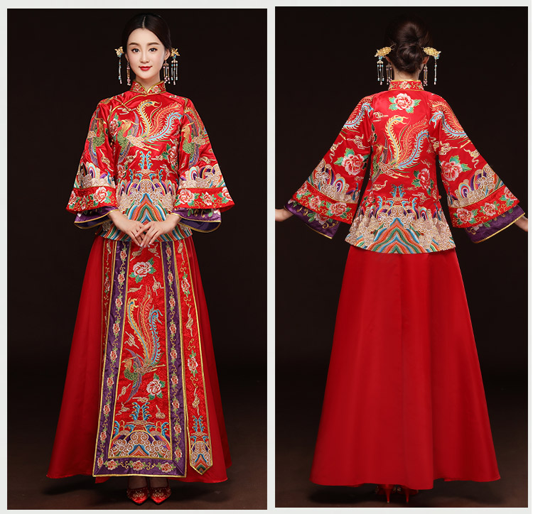 精美鳳凰斜襟新娘禮服，奢華刺繡中式禮服
