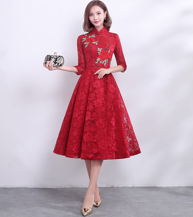 復(fù)古時(shí)尚中式禮服，家佳樂文學(xué)紅色七分袖晚禮服