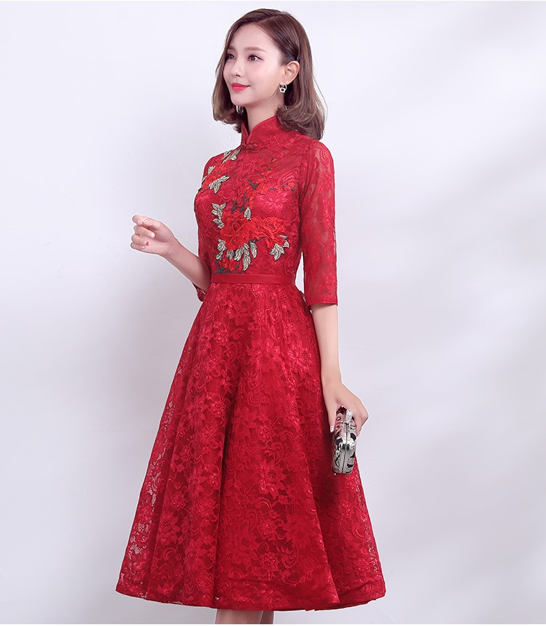 復(fù)古時(shí)尚中式禮服，家佳樂文學(xué)紅色七分袖晚禮服