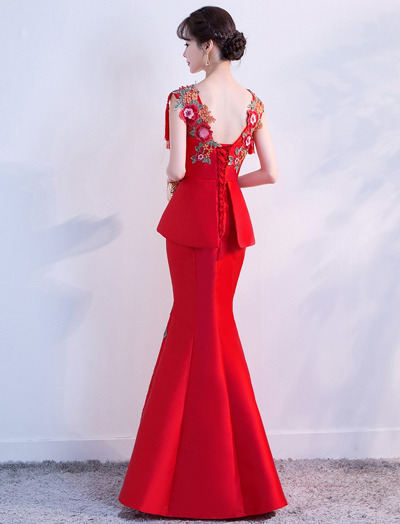 紅色顯瘦長款中式禮服，家佳樂文學魚尾晚禮服