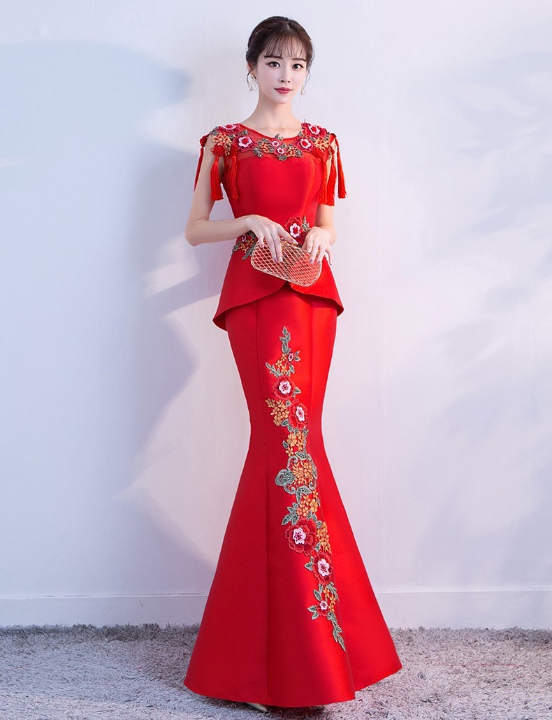 紅色顯瘦長款中式禮服，家佳樂文學魚尾晚禮服