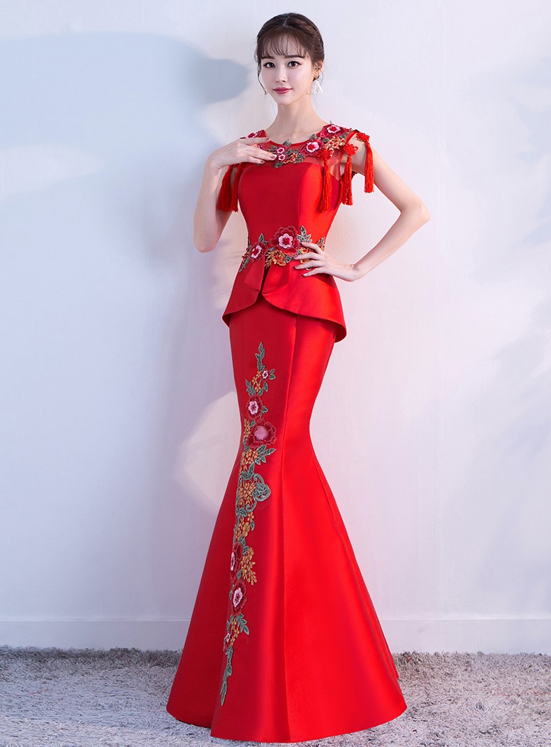 紅色顯瘦長款中式禮服，家佳樂文學魚尾晚禮服